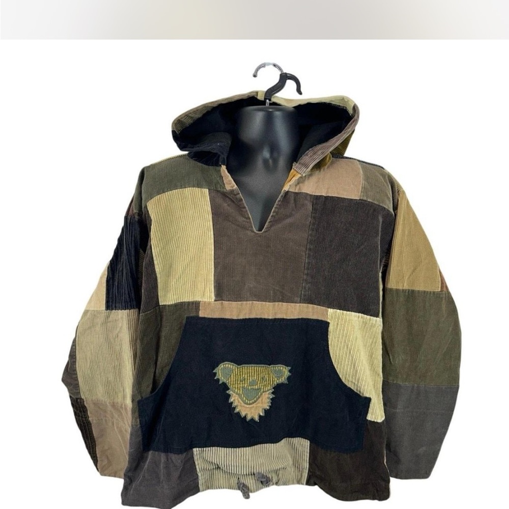 Patchwork Corduroy Hoodie with Bear Design Grateful Dead